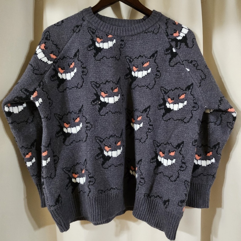 Gengar Pokemon Kawaii Harajuku Crew Neck Knit Sweater Womens‎ Small Heavy Gray
